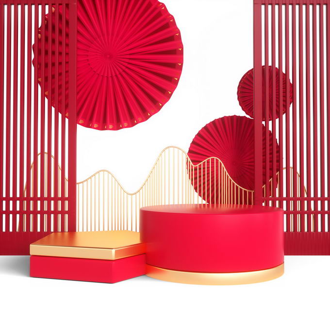 新年春节金色红色中国风3D展台屏风装饰8547992免抠图片素材 节日素材-第1张