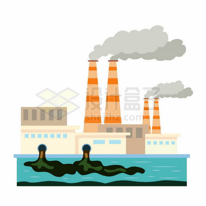 扁平化风格工厂烟囱里的浓烟和排污口的污水环境污染插画7020707向量