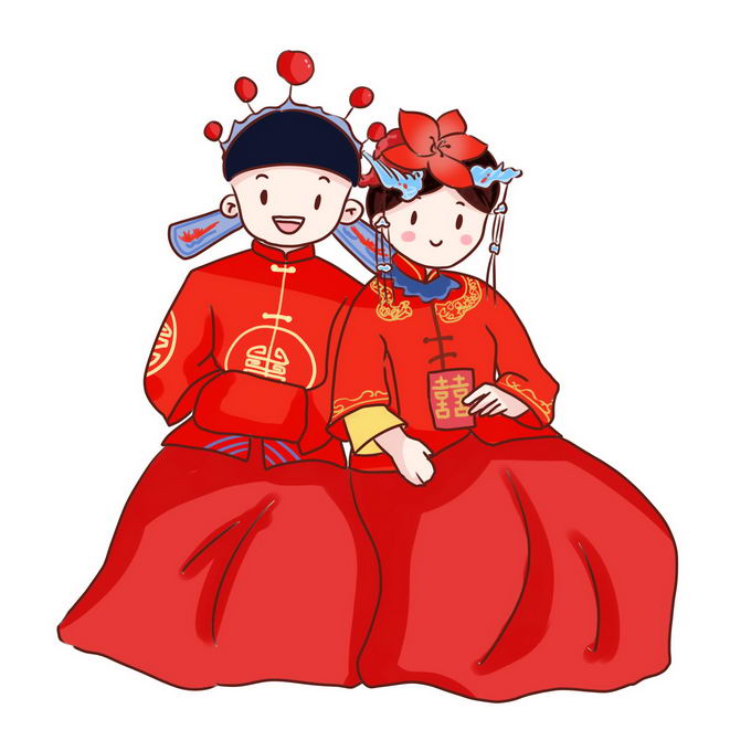 身穿红色中式婚服的卡通新娘和新郎5149643免抠图片素材 人物素材-第1张