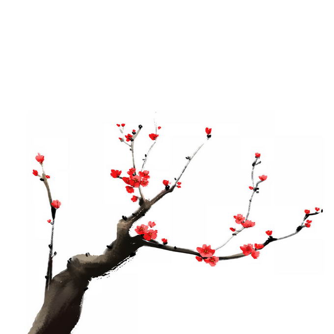水墨画风格桃花枝上的红色桃花1585093免抠图片素材 生物自然-第1张