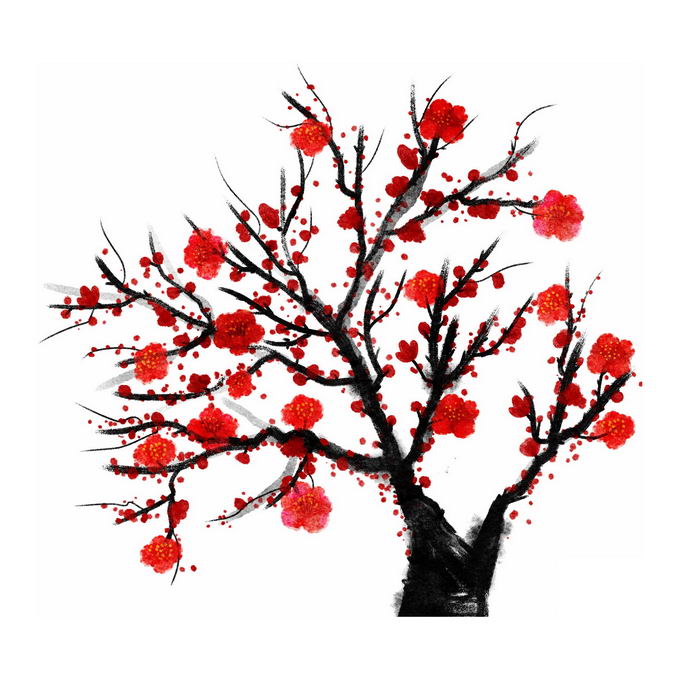 水墨画风格腊梅梅花枝上的红色梅花免抠图片素材 设计盒子