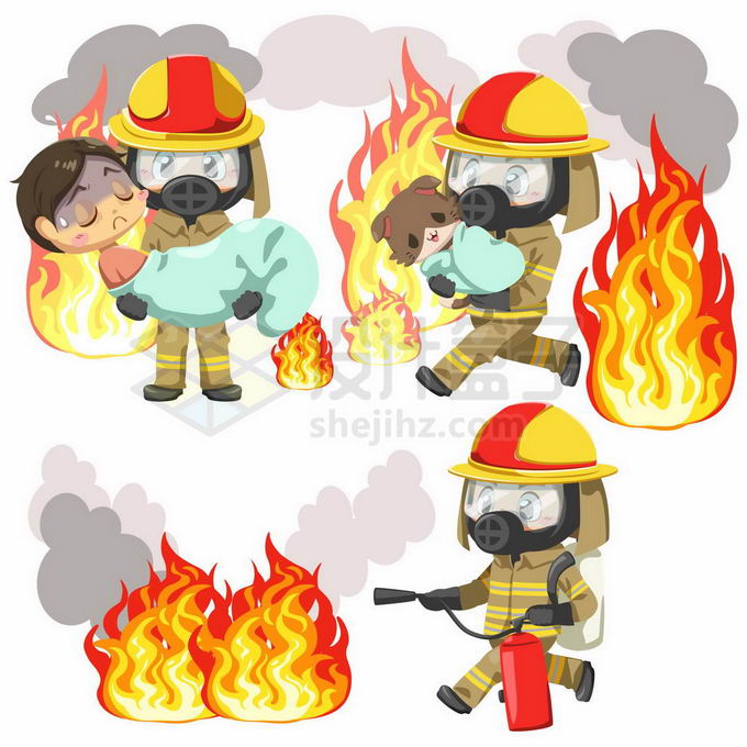 卡通消防员从火灾现场救出被困人员和宠物以及拿着灭火器灭火2738278矢量图片免抠素材免费下载 生活素材-第1张