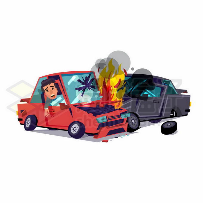 卡通车祸现场两辆相撞起火的汽车7026021矢量图片免抠素材 交通运输-第1张