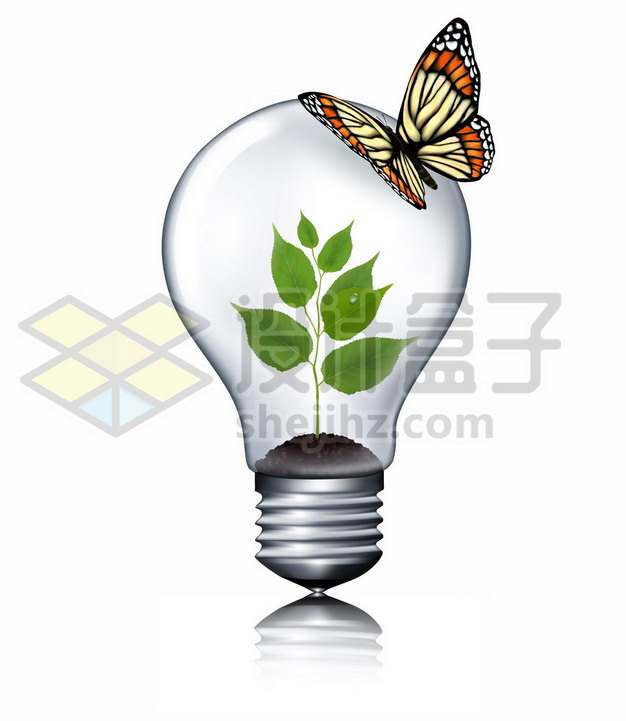 半透明电灯泡白炽灯中植物和蝴蝶抽象绿色自然清洁能源1362590矢量图片免抠素材免费下载