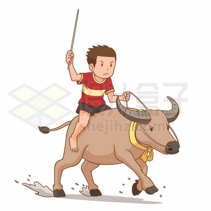 卡通少年放牛娃骑在牛背上奔跑童年回忆插画7405776矢量图片免抠素材