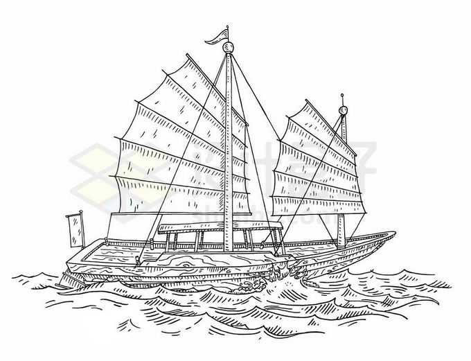 大海上的中国传统帆船手绘线条插画4477513矢量图片免抠素材