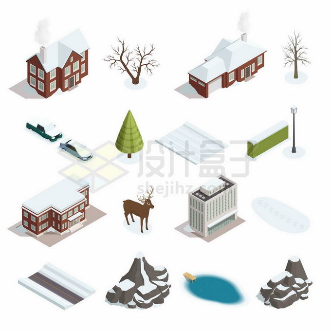 2.5D风格冬天积雪覆盖的房子别墅汽车大树高楼大厦和山坡马路6443071矢量图片免抠素材 建筑装修-第1张