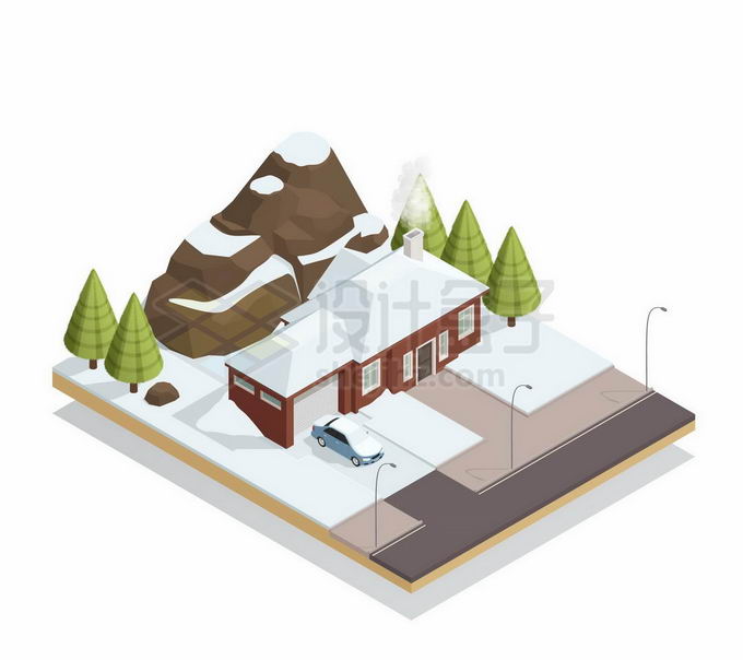 2.5D风格冬天积雪覆盖的房子和门前的汽车及小山7646273矢量图片免抠素材 建筑装修-第1张