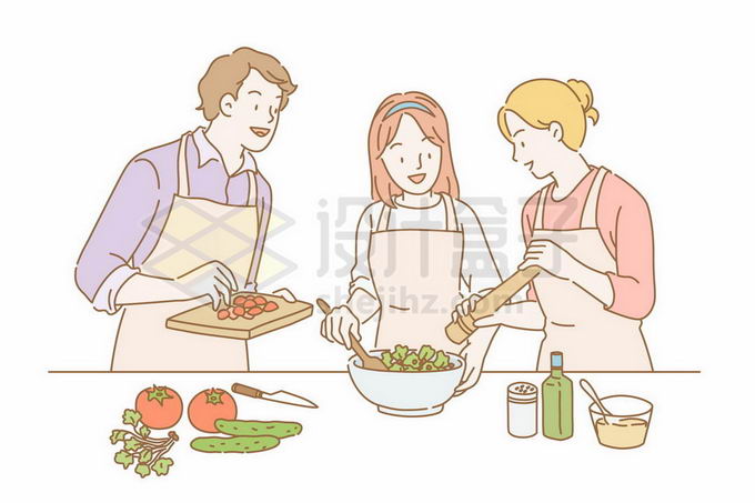 一家三口一家人一起做菜手绘线条插画5518931矢量图片免抠素材 人物素材-第1张