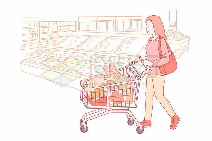 卡通女孩推着小推车在超市购物手绘线条插画6276859矢量图片免抠素材 生活素材-第1张