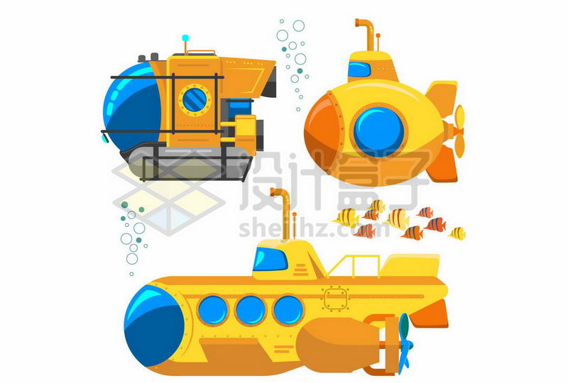 3款黄色的卡通潜水艇深海潜艇探测器4999131矢量图片免费下载 军事科幻-第1张