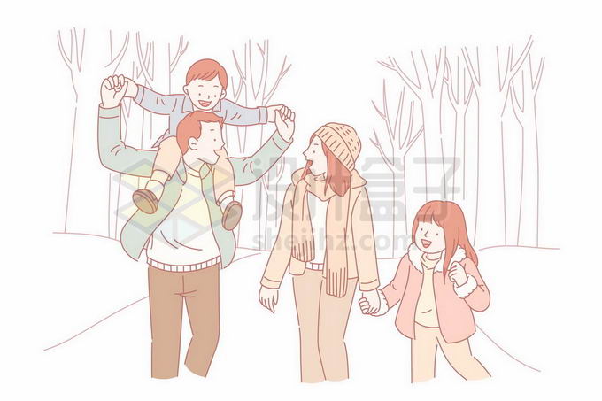 冬天里一家四口在户外玩耍二胎家庭手绘线条插画7461890矢量图片免抠
