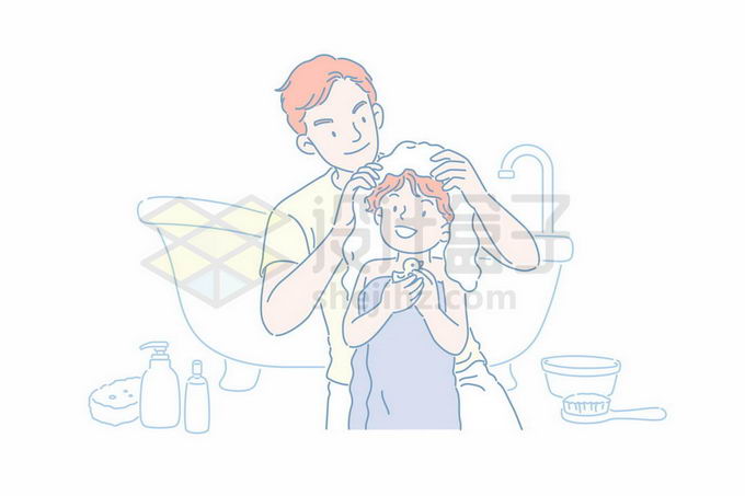设计盒子为您提供卡通爸爸正在帮儿子洗头父亲节手绘线条插画6654095