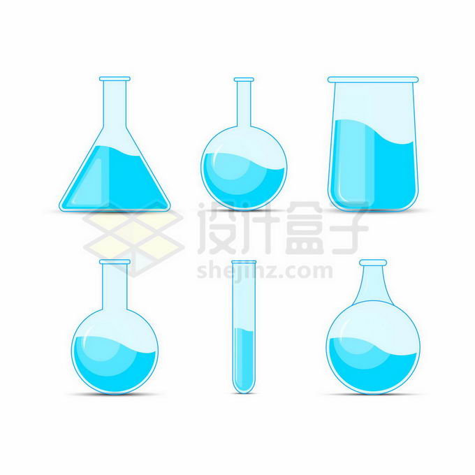 装有蓝色液体的锥形瓶烧瓶试管等化学实验用品5536772矢量图片免抠素材 科学地理-第1张