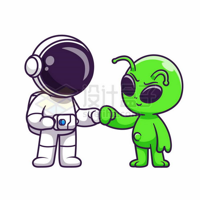 卡通宇航员和外星人小绿人碰拳打招呼8954915矢量图片免抠素材 人物素材-第1张