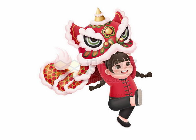 身穿红色传统服装的卡通女孩舞狮子新年春节元素9579056矢量图片免抠素材 节日素材-第1张