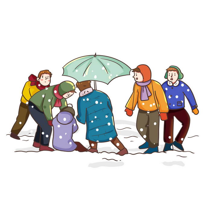 大雪天在雪地上艰难行走互帮互助的卡通人群7728917免抠图片素材 人物素材-第1张
