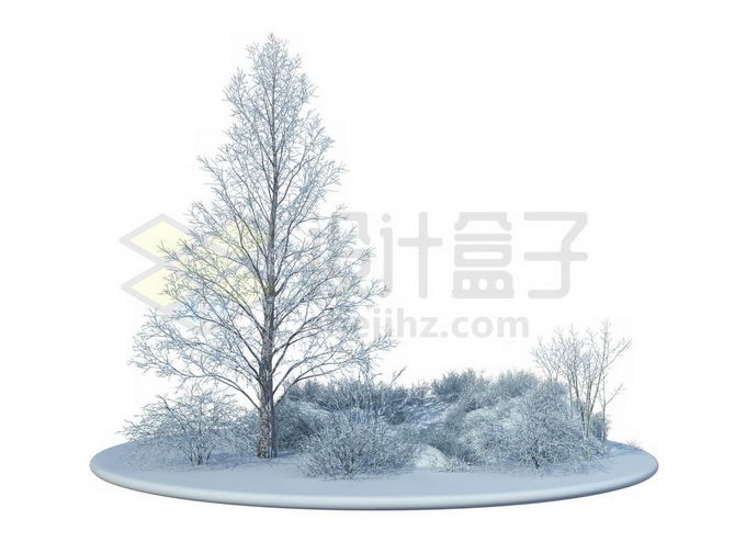 冬天大雪覆盖的雪原上的一棵大树和周围的灌木丛雪景9767521免抠图片素材 生物自然-第1张