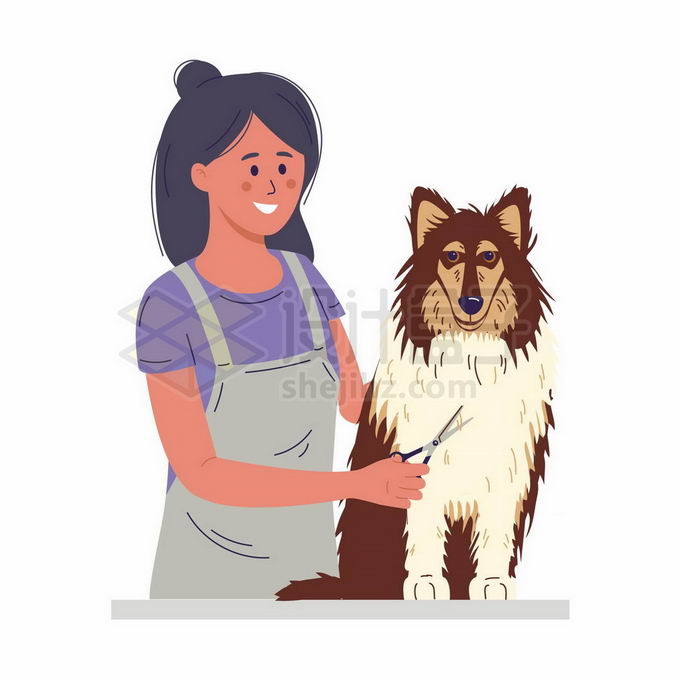 卡通女孩正在给宠物狗狗修剪毛发宠物美容店插画7147920矢量图片免抠素材 生活素材-第1张