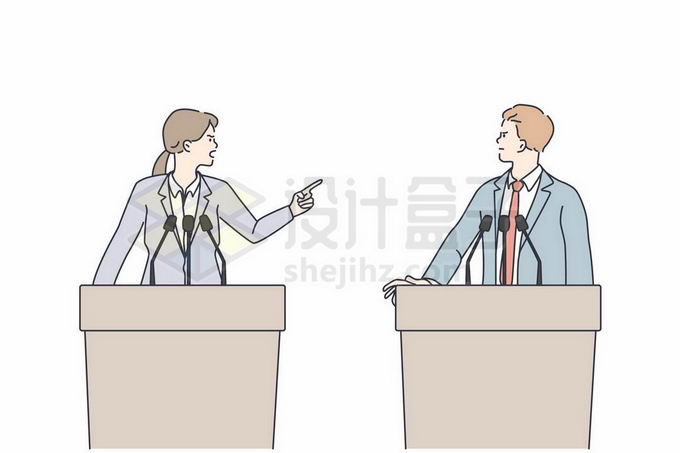 2个演讲台上争锋相对的辩论辩手手绘线条插画9012383矢量图片免抠素材 商务职场-第1张