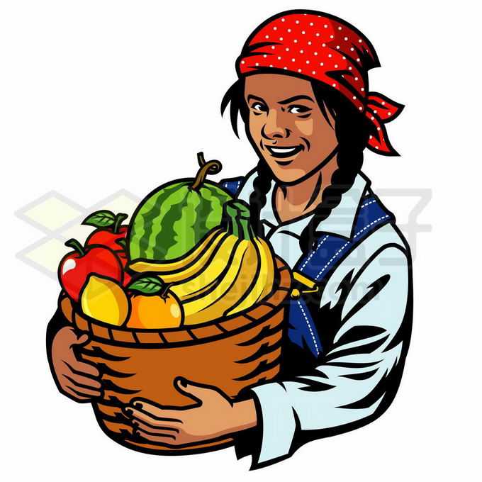 农妇农民果农抱着一篮子新鲜水果收获的季节插画6089432矢量图片免抠素材