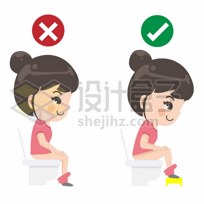 卡通女孩使用马桶正确和错误坐姿对比脚下垫高2906429矢量图片免费