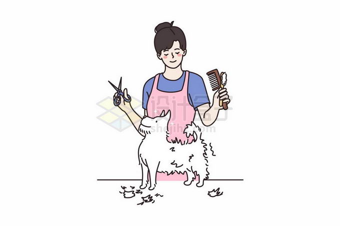 卡通女孩正在给宠物狗狗修剪毛发宠物美容店插画9275146