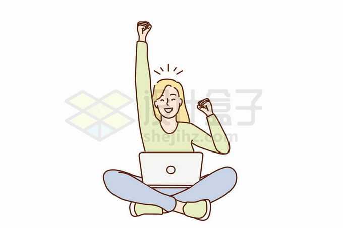 卡通女孩盘腿坐在地上用笔记本电脑开心手绘线条插画7610126矢量图片免抠素材