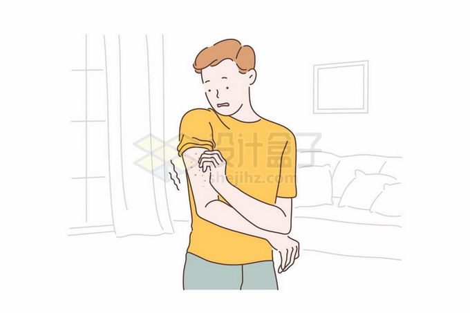 卡通男人查看手臂上过敏的皮肤手绘线条插画9341861矢量图片免抠素材 健康医疗-第1张