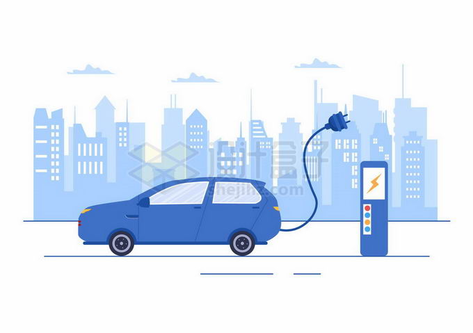 蓝色城市天际线和近处的电动汽车和充电桩5257115矢量图片免抠素材 交通运输-第1张