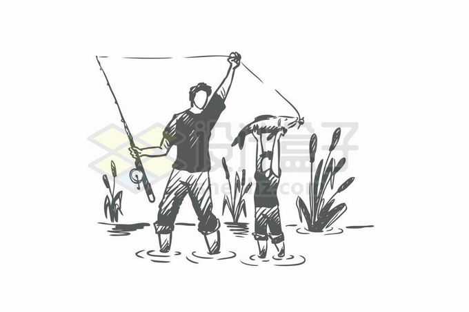 带着儿子钓鱼的钓鱼佬手绘涂鸦插画1547251矢量图片免抠素材