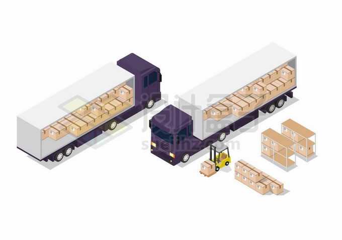 2.5D风格侧门打开的厢式货车集装箱货车装载货物4589568矢量图片免抠素材