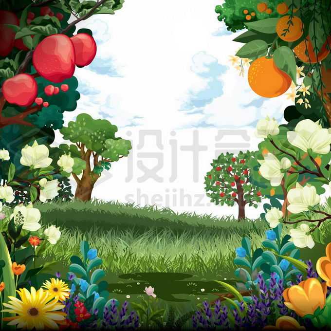 童话故事中的草地果树鲜花等卡通风景插画4749100矢量图片免抠素材