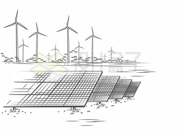 风力发电场和太阳能发电绿色清洁能源碳达峰手绘素描插画1193370矢量
