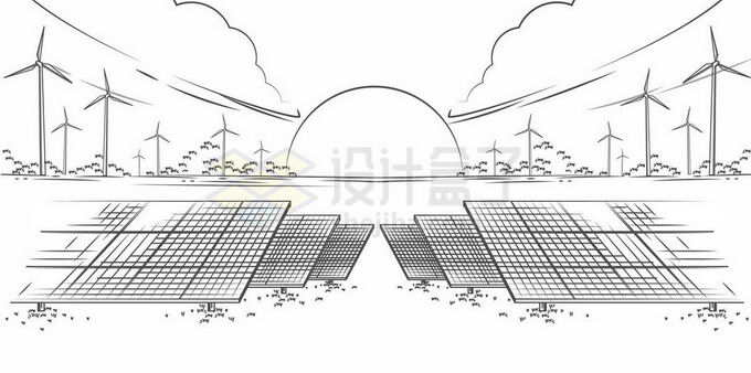 风力发电场和太阳能发电绿色清洁能源碳达峰手绘素描插画8354690矢量图片免抠素材 工业农业-第1张