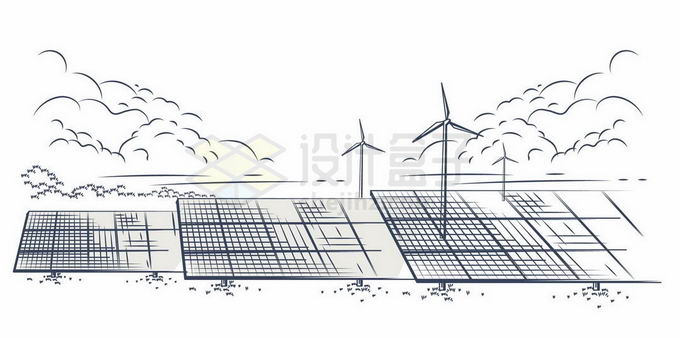 风力发电场和太阳能发电绿色清洁能源碳达峰手绘素描插画9576415矢量