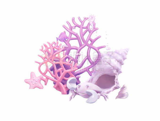 红色粉色紫色珊瑚螃蟹和海螺贝壳海底世界5999026矢量图片免抠素材 生物自然-第1张