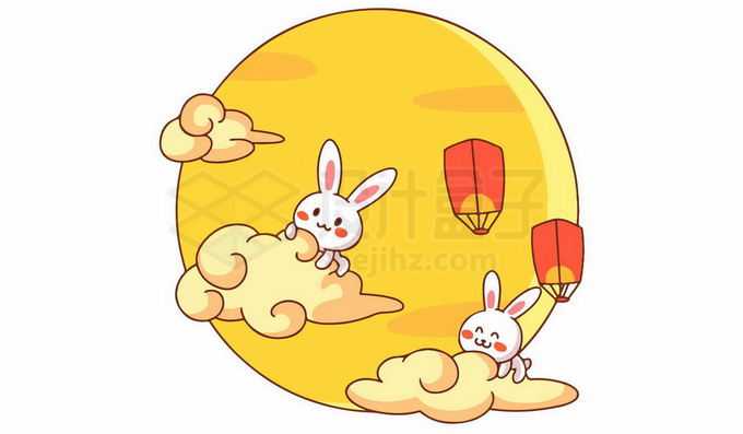 中秋节黄色的大月亮和祥云以及卡通小白兔4858359免抠图片素材