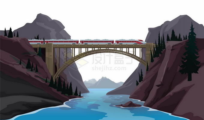 从山间河流峡谷上方铁路大桥上通行的高铁列车9143654矢量图片免抠素材 交通运输-第1张