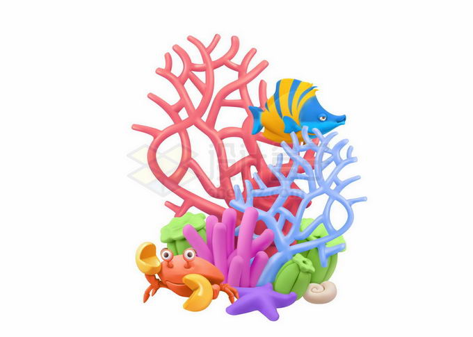 3D立体卡通珊瑚礁和躲藏在其中的螃蟹海星等海洋动物2854616矢量图片免抠素材 生物自然-第1张