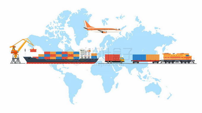 蓝色世界地图和码头集装箱货轮汽车火车一带一路欧亚铁路国际贸易系统5717630矢量图片免抠素材 交通运输-第1张