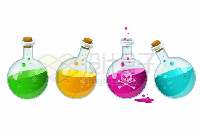 圆底烧瓶中装着的4种彩色有毒液体7668929矢量图片免抠素材 科学地理-第1张