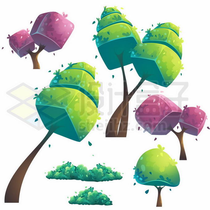 可爱的卡通绿色紫色大树出现外星球植物1031114矢量图片免抠素材 生物自然-第1张