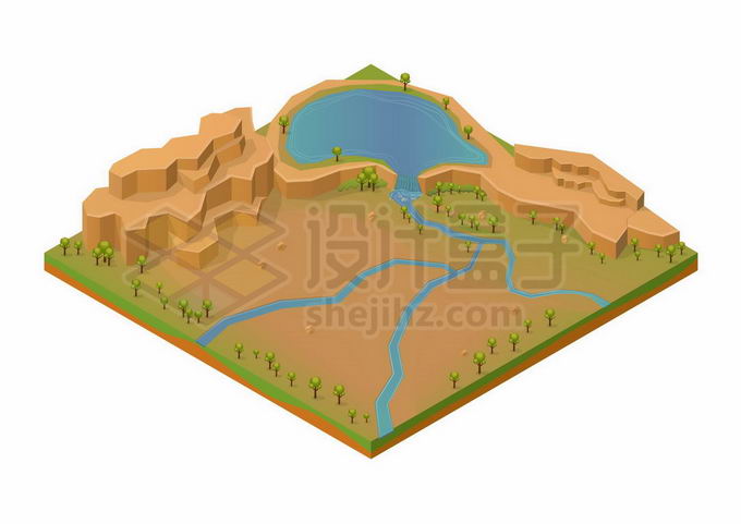 3D风格卡通湖泊河流草原和高原风景6620296矢量图片免抠素材 生物自然-第1张