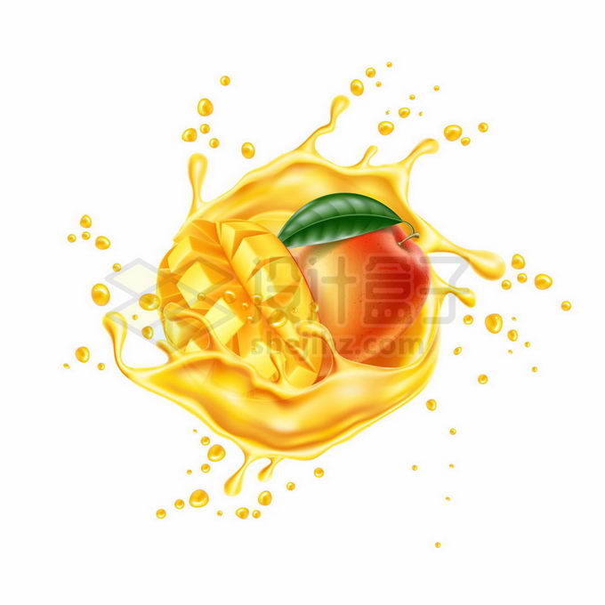 芒果和飞溅的黄色果汁效果创意广告制作9579749矢量图片免抠素材 生活素材-第1张