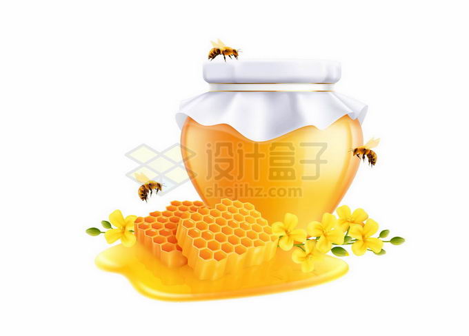 一罐蜂蜜和蜂巢蜜以及飞舞的蜜蜂4317846矢量图片免抠素材 生活素材-第1张