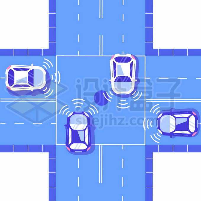 十字路口行驶的未来自动驾驶汽车安全辅助系统7587213矢量图片免抠素材