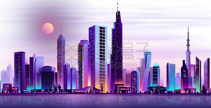 紫色霓虹灯光照下的卡通科幻城市天际线高楼大厦夜景9661421矢量图片免抠素材 建筑装修-第1张