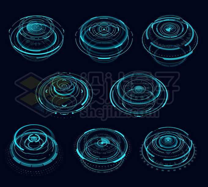 8款3D立体风格科幻蓝色发光圆环装置7240166矢量图片免抠素材
