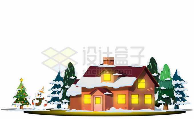 冬天大雪覆盖下的小房子和松树风景1664293矢量图片免抠素材